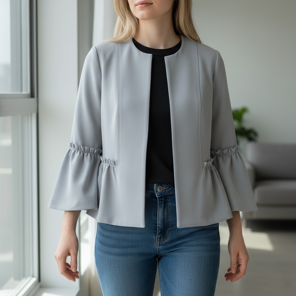 Topshop Cropped Grey Blazer Ruffled Bell Sleeves Open Front - 6 US